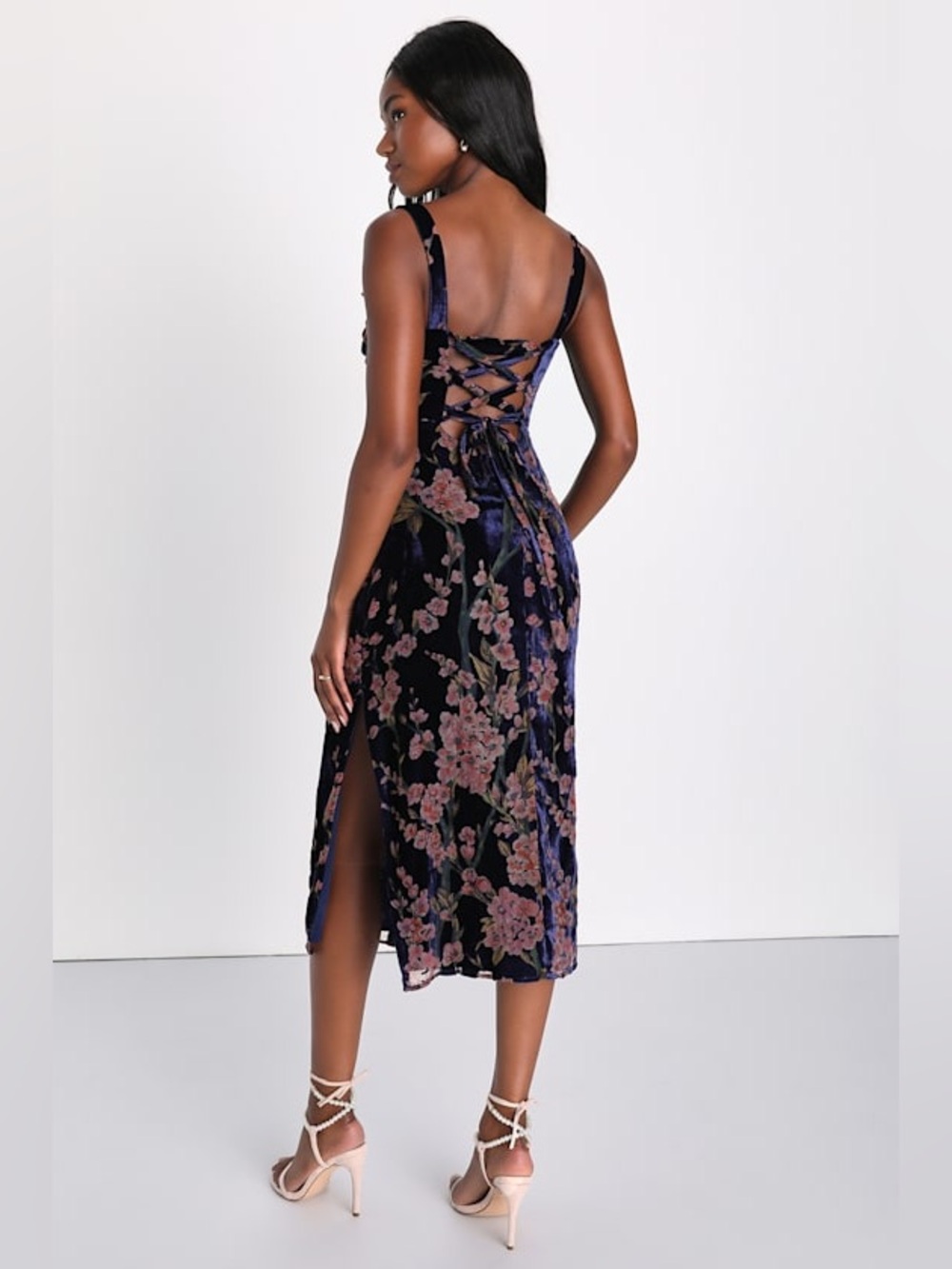 Lulus Romantic Stunner Navy Blue Floral Burnout Velvet Lace-Up Dress Medium NWT - Picture 3 of 14